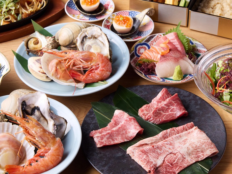 【一人一台の専用焼き台★貝鮮浜焼き×黒毛和牛】『海鮮&黒毛和牛 豪華焼きコース』貝鮮6種&黒毛和牛焼肉 全7品+飲み放題