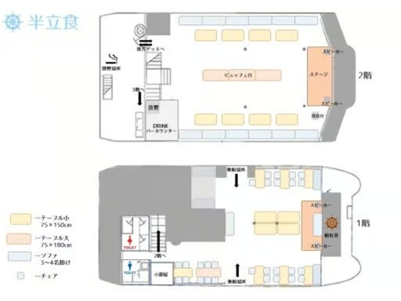 通常の半立食レイアウトはこちらになります。2階フロアのイスやテーブルはすべて動かせますので幹事様の理想に限りなく近づけられます。1階のテーブル(フロア中央の4台を除く)と3階の椅子は固定となります。