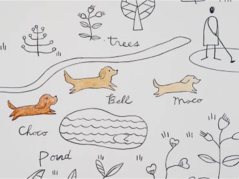 お客様にもいつも大切な方の存在を感じてほしい
そんな想いから、店内の壁には私の大切な家族「ベル」「モコ」「チョコ」を描きました。